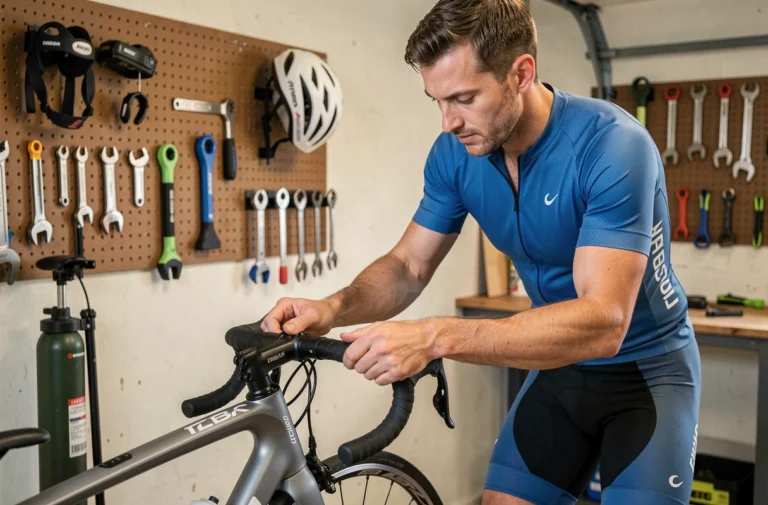 Cycliste installant une poignée de guidon ergonomique sur un vélo Triban RC 120 dans un atelier de réparation à domicile