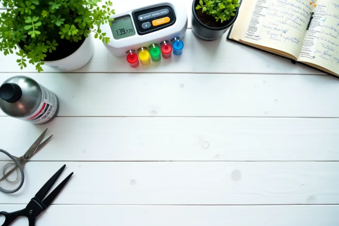 Flat-lay des outils essentiels pour simplifier l'entretien quotidien d'un aquarium, test d'eau et accessoires organisés