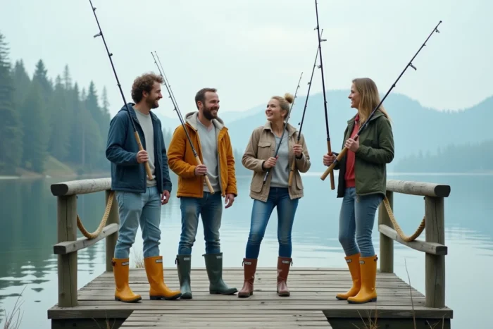 Groupe d'adultes participant à une activité organisée de pêche sur un ponton en bois au bord d'un lac entouré de pins, ambiance conviviale et originale