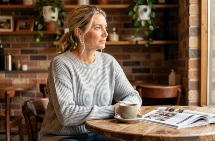 Femme blonde dans un café rustique, portrait éditorial naturel illustrant la vie privée d'Adriana Tuchyna épouse de pilote MotoGP