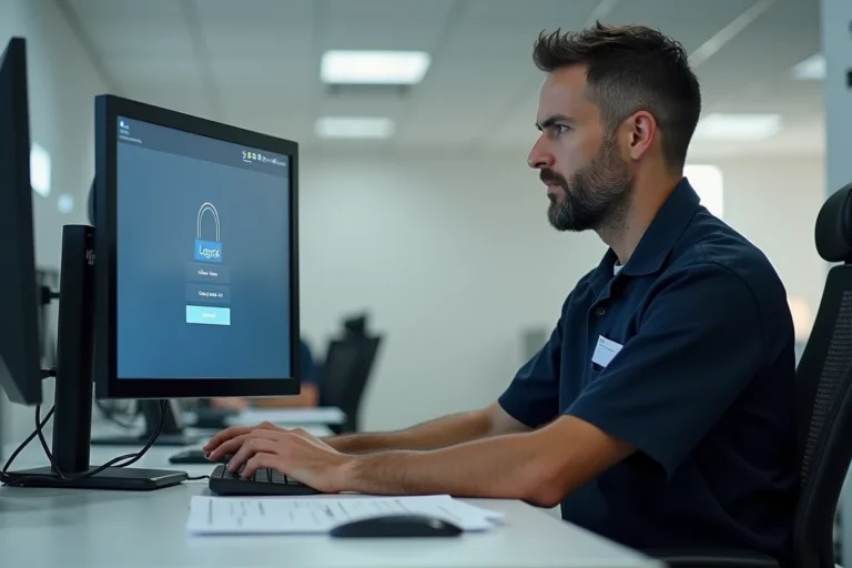 Agent postal en uniforme connecté au portail extranet GTA La Poste sur un ordinateur de bureau en open space
