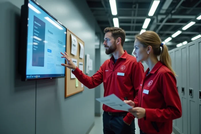 Deux agents postaux consultant ensemble le portail de connexion GTA La Poste extranet dans une salle de pause de centre logistique