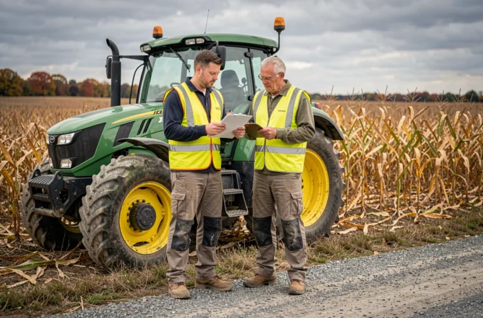 Agriculteur et fermier examinent des documents agricoles près d'un tracteur en fin de récolte dans les champs