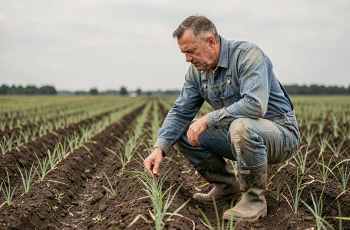 Agriculteur inspecte des plants de blé dans un grand champ cultivé en pleine campagne