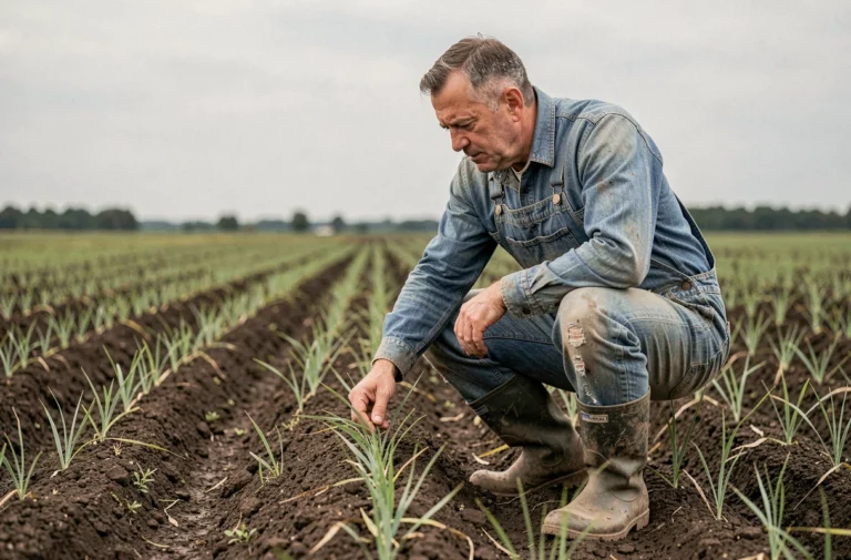 Agriculteur inspecte des plants de blé dans un grand champ cultivé en pleine campagne