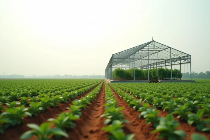 Paysage agricole comparant l'expansion extensive des terres cultivées et la production intensive sous serre technologique