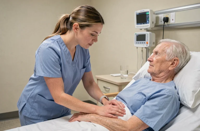Aide-soignante prenant le pouls d'un patient âgé dans une chambre d'hôpital, illustrant les actes autorisés dans le référentiel AS 2026