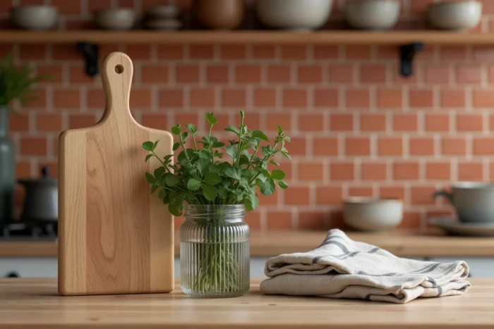 Comptoir de cuisine stylisé avec planche en bois, herbes fraîches et carreaux en terre cuite pour une décoration intérieure minimaliste