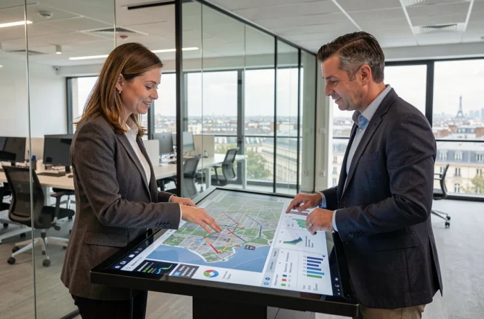 Analystes de la chaîne logistique pharmaceutique collaborant sur un tableau de bord de suivi en temps réel dans un centre opérationnel parisien