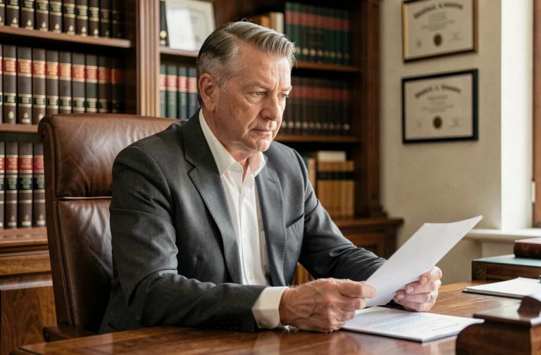 Portrait d'un homme d'affaires français discret et élégant assis dans un bureau privé classique, évoquant la vie d'André-Louis Auzière