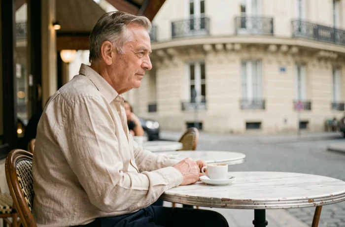 Homme distingué en chemise de lin assis à une terrasse de café parisien, portrait intimiste illustrant la discrétion d'André-Louis Auzière ancien mari de Brigitte Macron