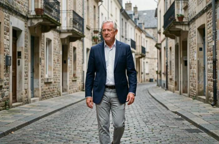 Homme élégant d'âge mûr marchant dans une rue pavée d'une ville provinciale française, illustrant la vie discrète de l'ex-époux de Brigitte Macron