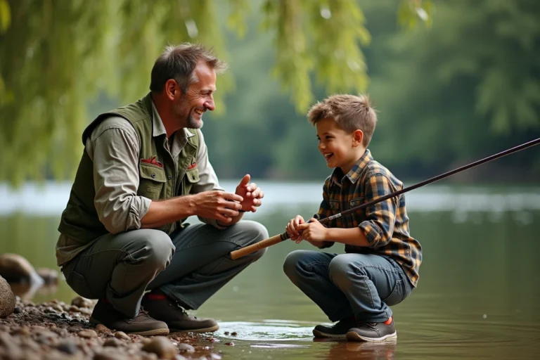 Un homme adulte apprend à un adolescent à lancer une canne à pêche au bord d'une rivière verdoyante, activité ludique et familiale autour de la pêche