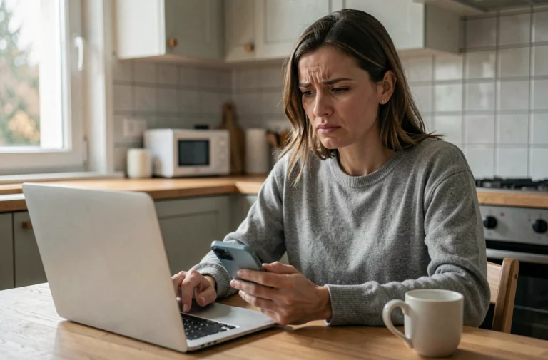 Femme méfiante consultant son téléphone et son ordinateur portable pour vérifier un virement bancaire suspect sur Leboncoin