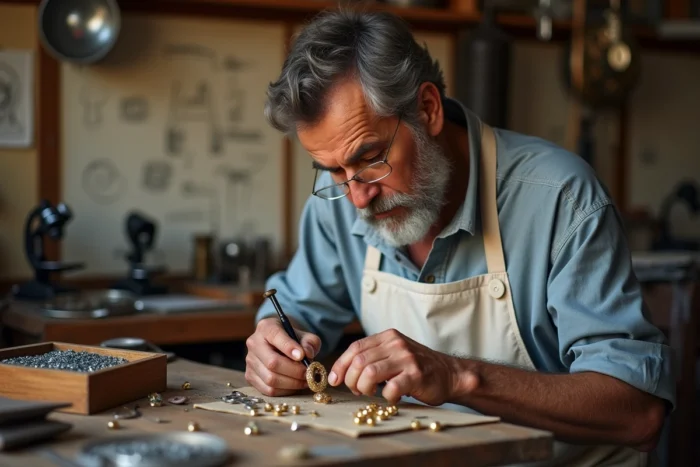 Artisan joaillier travaillant à la main sur une bague en or avec un saphir dans un atelier de haute joaillerie traditionnel