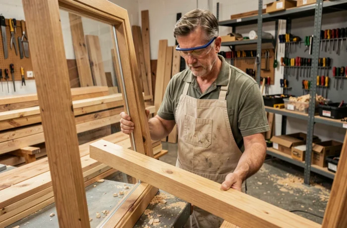Artisan menuisier examinant un cadre de fenêtre en chêne massif dans un atelier de menuiserie