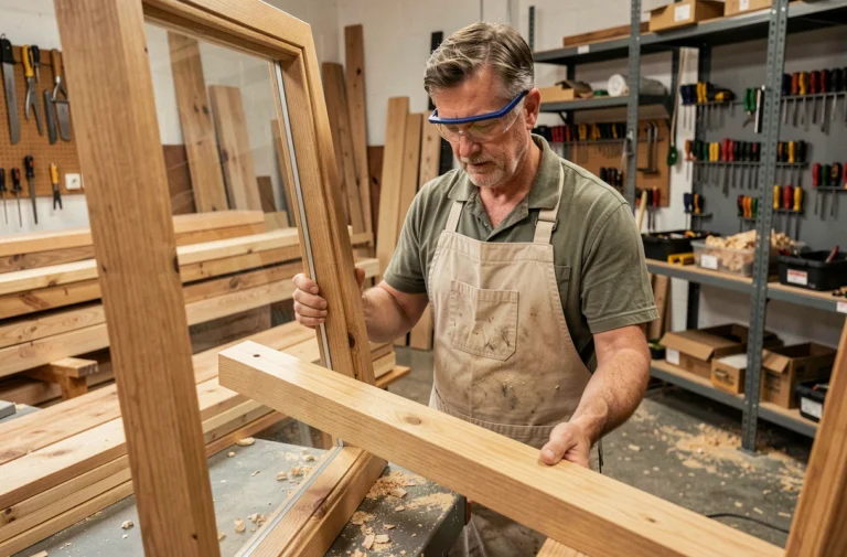 Artisan menuisier examinant un cadre de fenêtre en chêne massif dans un atelier de menuiserie