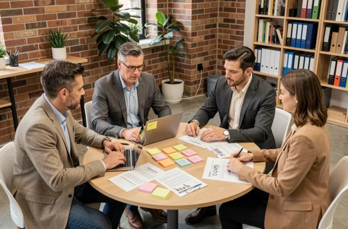 Groupe de professionnels en atelier collaboratif lors d'une formation continue en entreprise