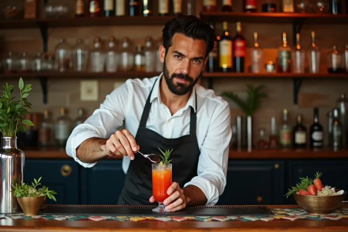 Barman expert préparant un cocktail signature dans un bar artisanal à Lille