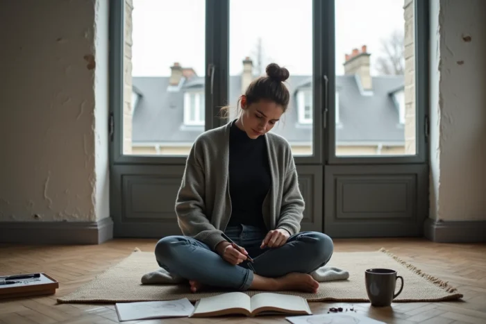 Béatrice Vonderweidt concentrée dans son atelier parisien, entourée de carnets et de croquis sur un parquet en chêne