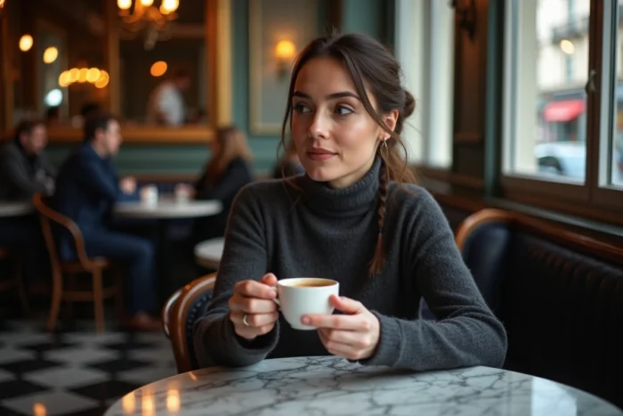 Portrait intimiste de Béatrice Vonderweidt attablée dans une brasserie parisienne, tenant un café expresso avec sérénité