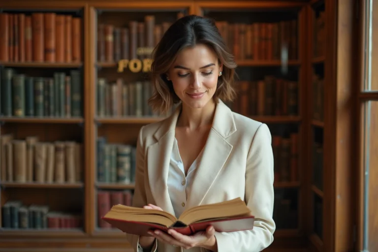 Béatrice Vonderweidt, muse discrète, feuilletant un livre dans une librairie parisienne au décor chaleureux et vintage