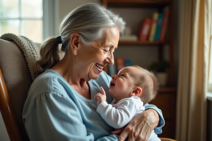 Grand-mère ému tenant son petit-enfant qui lui touche doucement le visage avec curiosité