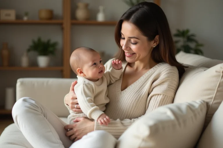 Bébé qui touche le visage de sa maman avec tendresse, scène intime sur un canapé beige