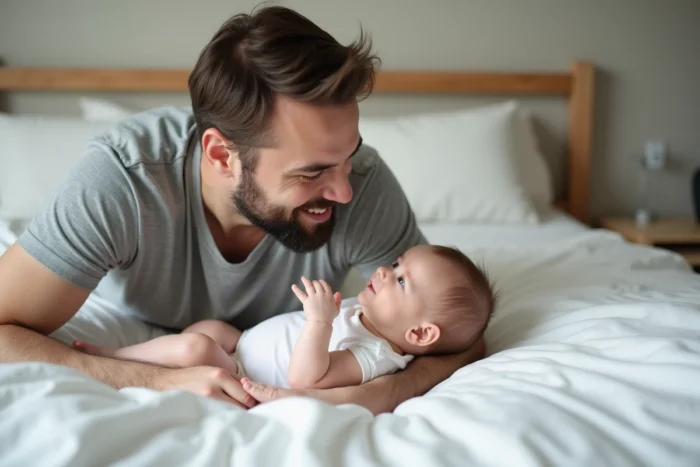 Papa allongé avec son bébé qui explore son visage avec ses petites mains curieuses