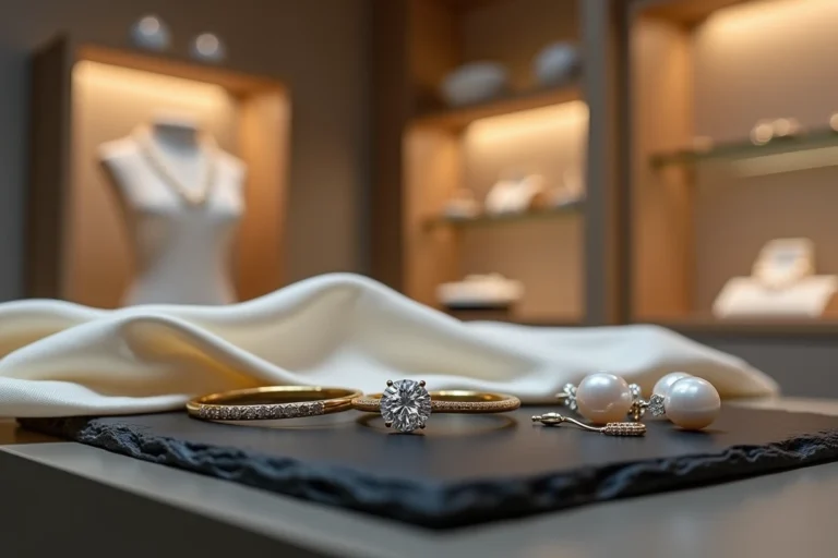 Bijoux raffinés en or et diamants présentés sur un fond en ardoise sombre dans un atelier de joaillerie de luxe