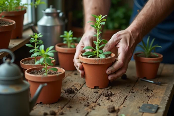 Mains qui plantent des boutures de tanaisie dans des pots en terre cuite sur un établi de jardin