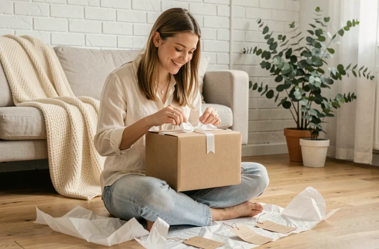 Jeune mère souriante qui déballe un cadeau personnalisé pour naissance dans un salon cosy au style scandinave