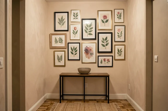 Composition de cadres et illustrations imprimées en galerie murale asymétrique dans un couloir d'appartement