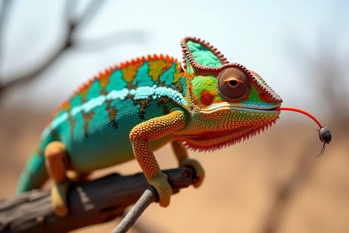 Caméléon coloré aux écailles turquoise et orangées perché sur une branche, langue demi-sortie dans une savane africaine aride