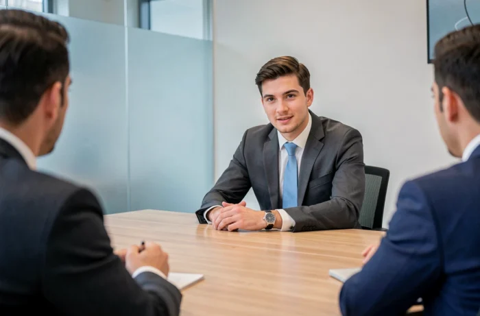 Candidat en entretien face à des recruteurs autour d'une table de réunion dans un bureau contemporain