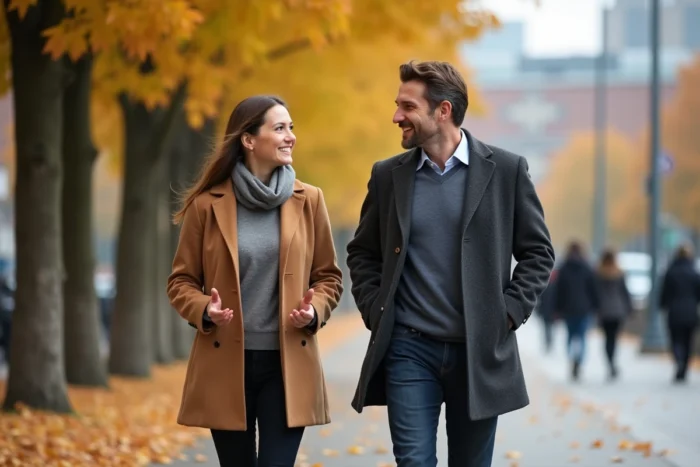 Couple complice se promenant dans une avenue arborée en automne, évoquant la vie amoureuse et le compagnon de Caroline Munoz