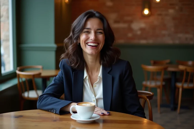 Femme élégante aux cheveux ondulés souriant dans un café parisien, illustrant un article sur la vie sentimentale de Caroline Munoz