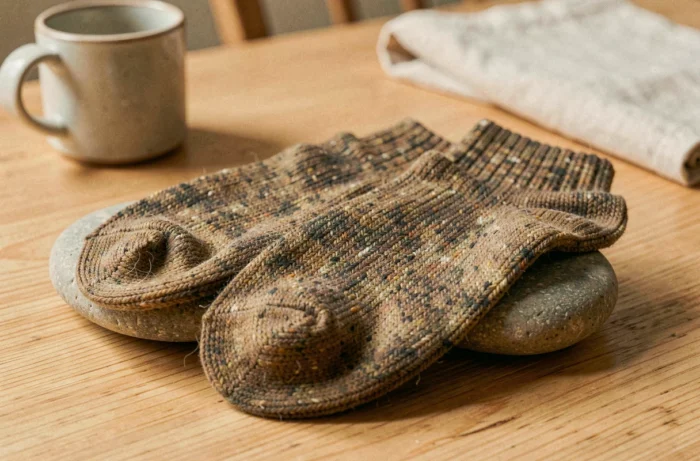 Chaussettes en laine étirées sur des galets ronds pour les élargir naturellement, posées sur une table en bois