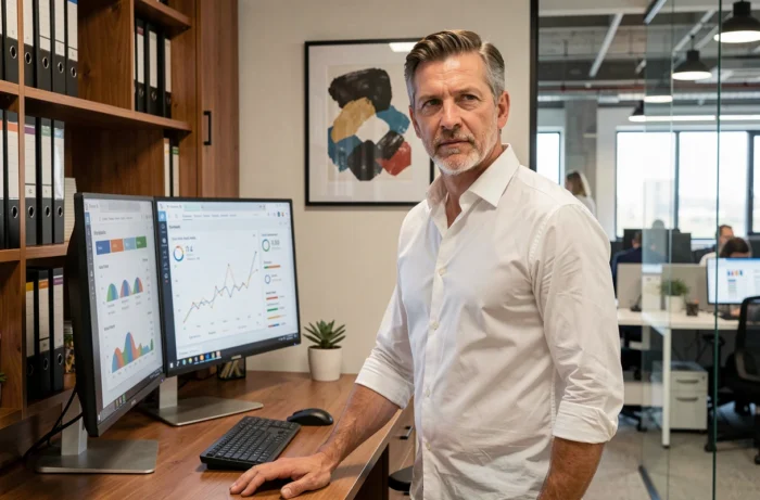 Chef d'entreprise consultant des tableaux de bord de performance sur écrans dans un bureau professionnel