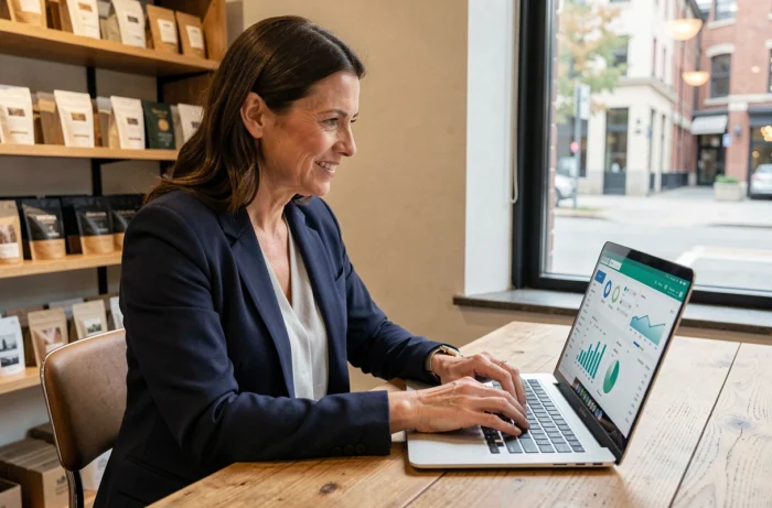 Cheffe d'entreprise locale analysant ses performances de webmarketing sur un ordinateur portable dans son bureau boutique