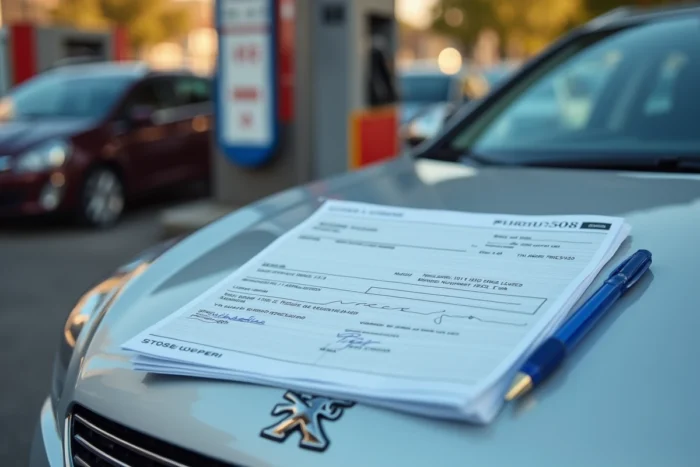 Chèque bancaire rempli sur le capot d'une voiture dans une station essence française urbaine