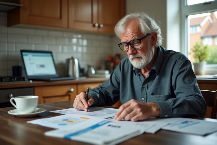 Homme âgé comparant des brochures d'associations de débarras à domicile dans sa cuisine