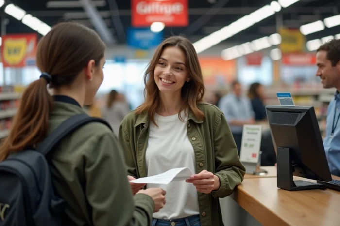 Cliente présentant son reçu au service client Carrefour pour signaler un retard ou un article manquant