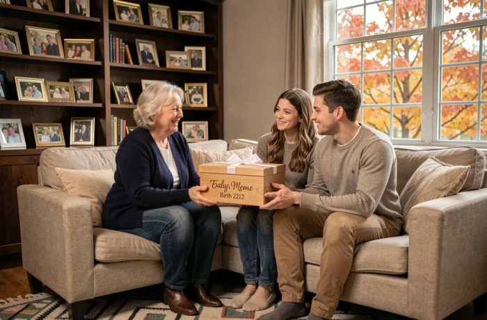 Grand-mère offrant un coffret souvenir personnalisé gravé pour naissance à un jeune couple dans un salon familial chaleureux