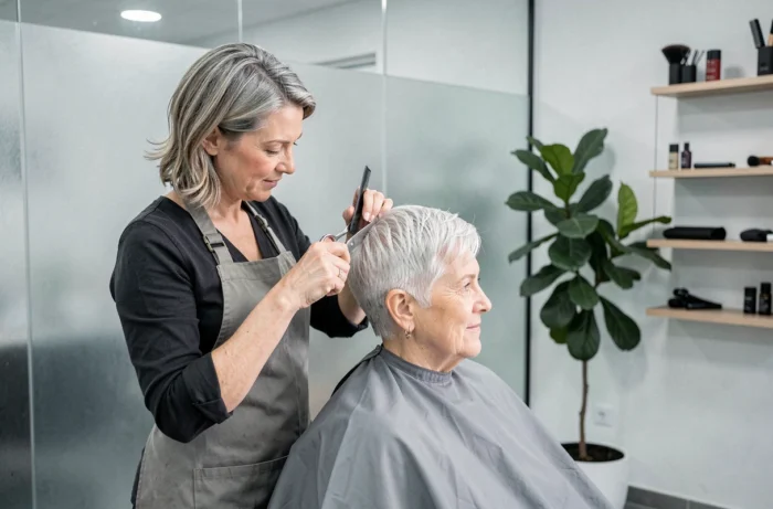 Coiffeuse professionnelle réalisant une coupe courte en couches sur une cliente de 65 ans dans un salon moderne et épuré, ciseaux et peigne en main