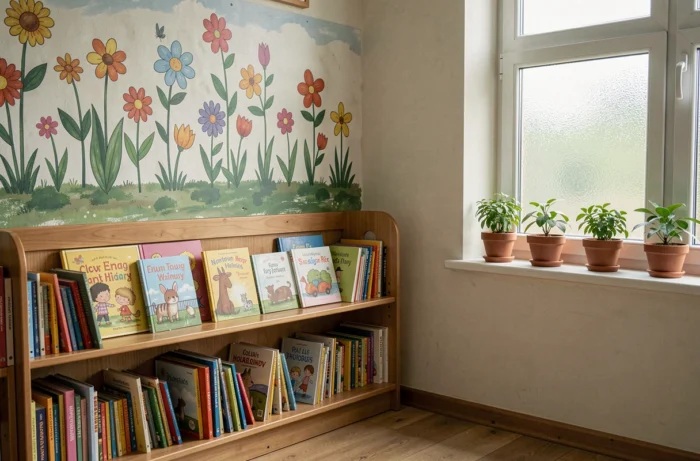 Coin lecture d'une classe primaire avec des livres jeunesse et des plantes vertes, illustrant la place de Tistou les pouces verts dans l'éducation littéraire