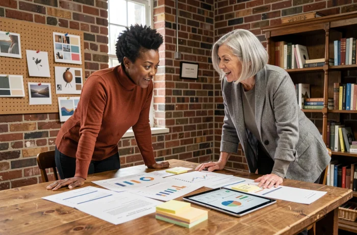 Deux femmes entrepreneures de générations différentes collaborant sur une stratégie de business en ligne dans un studio créatif