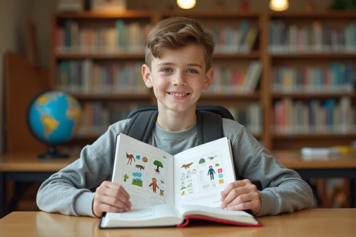 Jeune collégien tenant son cahier SVT ouvert sur une page de garde illustrée avec des animaux et des écosystèmes dans une bibliothèque scolaire
