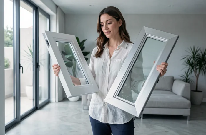 Femme comparant des échantillons de menuiseries PVC et aluminium dans un salon contemporain