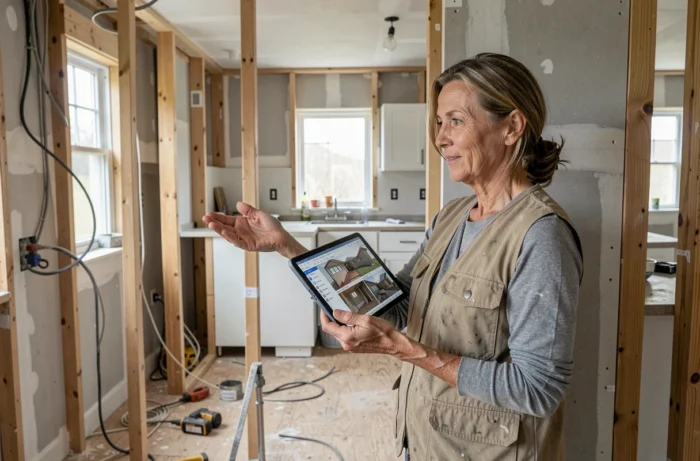 Entrepreneuse en rénovation présentant des rendus 3D sur tablette dans une cuisine en cours de travaux